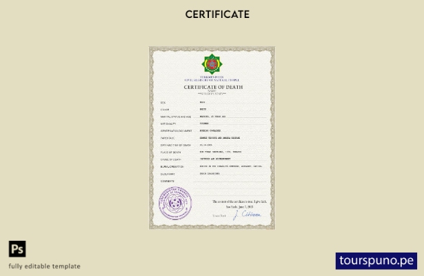 listo para imprimir plantilla de plantilla PSD de certificado de defunción de Tu